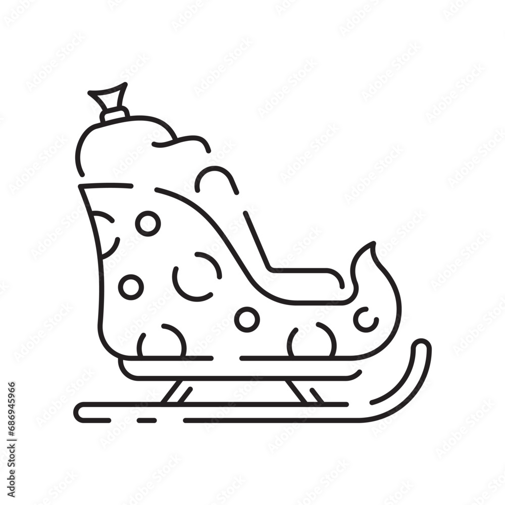 Christmas sled. Santa Claus sleigh vector line icon. Merry Christmas sign. Santa Claus with gift illustration on background, Flying Christmas sleigh symbol Christmas sled. Santa Claus sleigh vector line icon. Merry Christmas sign. Santa Claus with gift illustration on background, Flying Christmas sleigh symbol