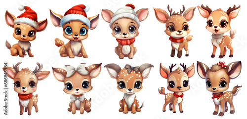 Set of cute Christmas Deer Sticker Clipart on transparent Background, generated ai 