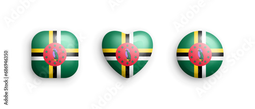 Dominica Official National Flag 3D Vector Glossy Icons In Rounded Square, Heart And Circle Shapes Isolated On White. Dominican Sign And Symbols Graphic Design Elements Volumetric Buttons Collection