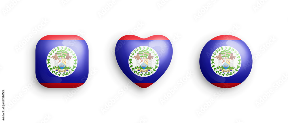Belize Official National Flag 3D Vector Glossy Icons In Rounded Square, Heart And Circle Shapes Isolated On White. Belizean Sign And Symbols Graphic Design Elements Volumetric Buttons Collection