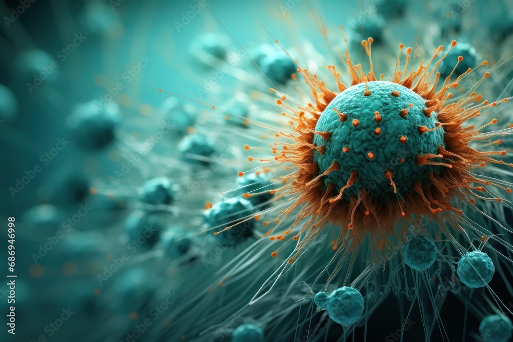 Macro view of a cancerous tumor cell that is attacking the body. Generative AI. Macro view of a cancerous tumor cell that is attacking the body. Generative AI.