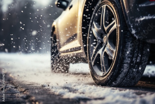 Side view on car with winter tires on a snowy road. Generative AI. © Dusit