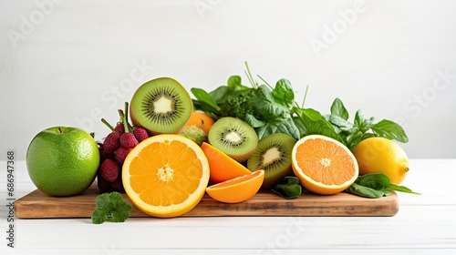 Various vegetables and fruit are high sources of vitamin C on wooden board