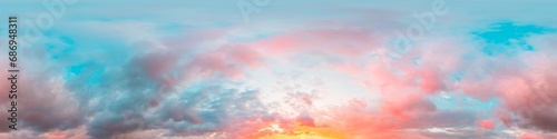 Sunset sky panorama with bright glowing pink Cumulus clouds. HDR 360 seamless spherical panorama. Full zenith or sky dome for 3D visualization, sky replacement for aerial drone panoramas. photo