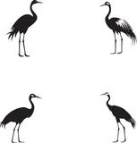 set of silhouettes of Crane birds  on white background
