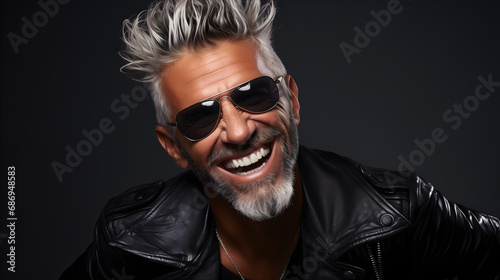 Charming biker in his 60s with sunglasses and a contagious smile, exuding cool vibes