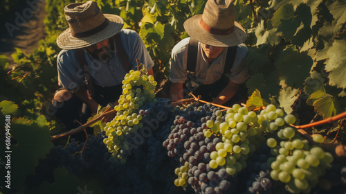 Men harvesting grapes on the plantation, Generative AI