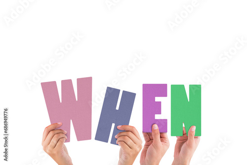 Digital png illustration of hands with when text on transparent background