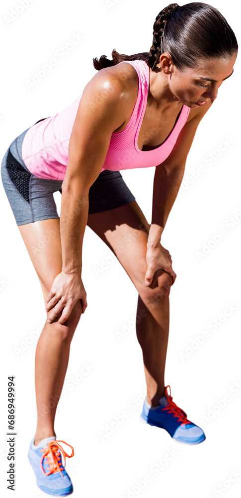Digital png photo of caucasian female runner resting on transparent background Digital png photo of caucasian female runner resting on transparent background