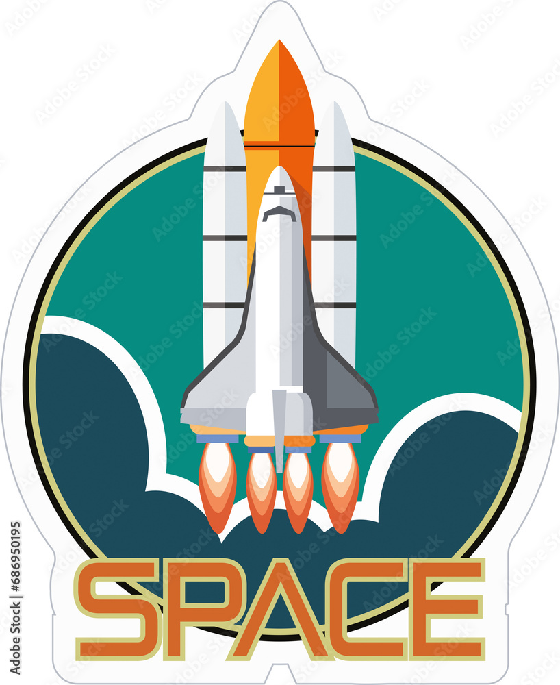 Digital png illustration of badge with spacecraft and space text on transparent background