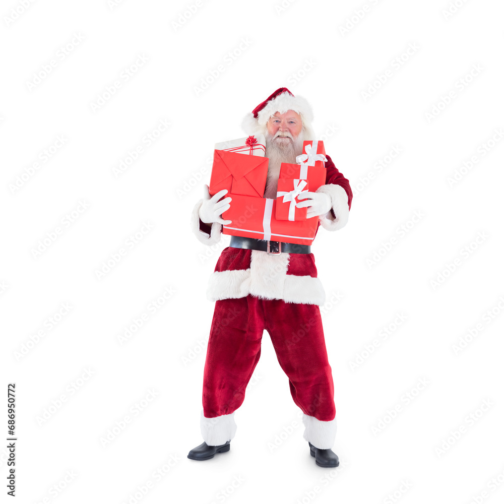 Digital png photo of happy santa with gifts on transparent background Digital png photo of happy santa with gifts on transparent background