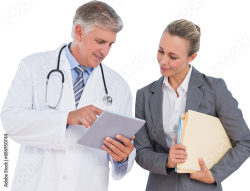 Digital png photo of happy caucasian woman and male doctor discussing on transparent background