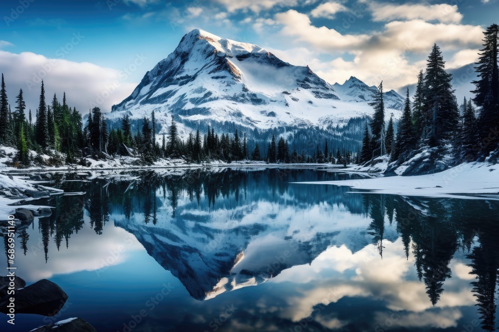 Mount Rainier reflected in the lake, Washington, United States, Whistler mountain reflected in lost lake with a blue hue, AI Generated
