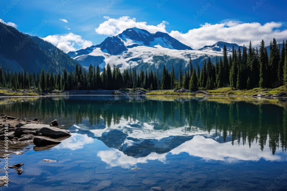 Mountains reflected in the lake, Jasper National Park, Alberta, Canada, Whistler mountain reflected in lost lake with a blue hue, AI Generated