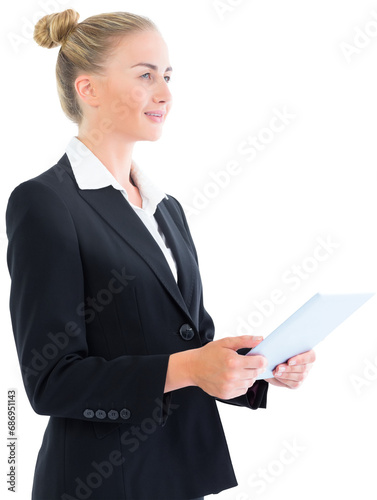 Digital png photo of caucasian businesswoman with tablet on transparent background