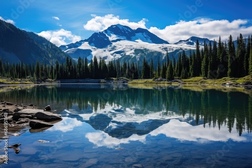 Mountains reflected in the lake, Jasper National Park, Alberta, Canada, Whistler mountain reflected in lost lake with a blue hue, AI Generated