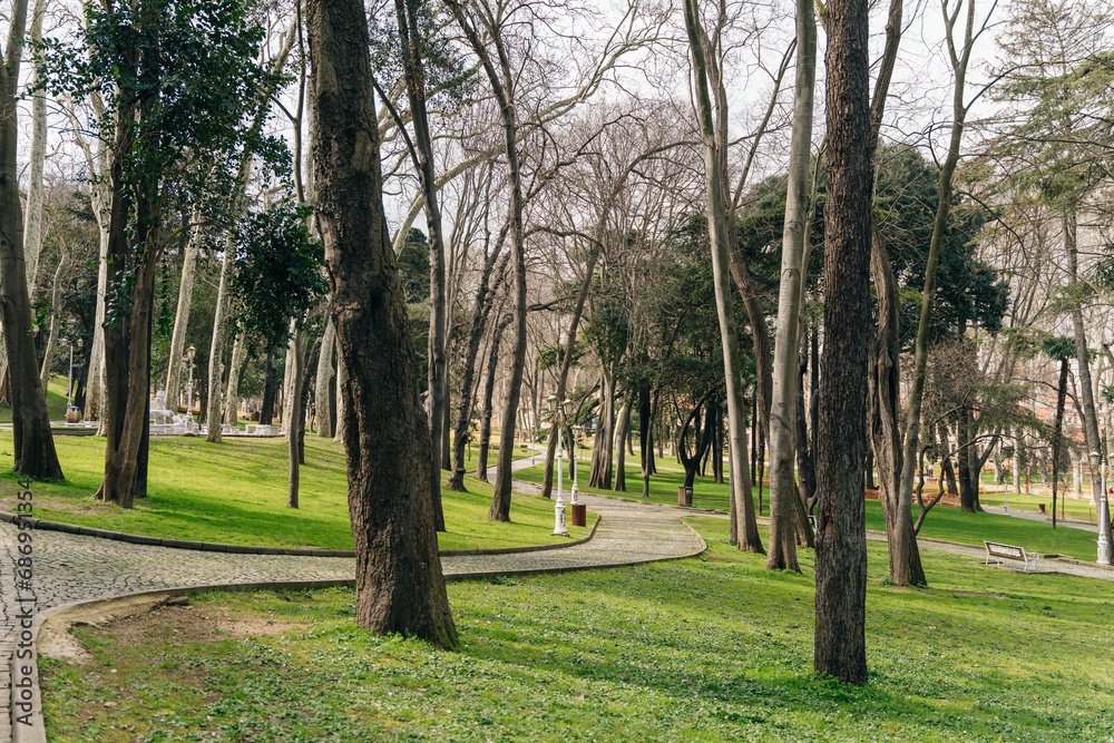 ISTANBUL, TURKEY 2023 August 03: Beautiful garden of the famous Topkapi Palace in Istanbul ISTANBUL, TURKEY 2023 August 03: Beautiful garden of the famous Topkapi Palace in Istanbul