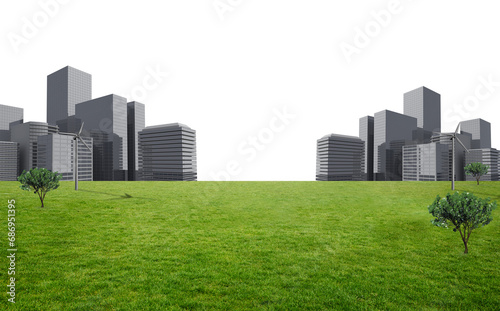 Digital png illustration of meadow with windmills and skyscrapers on transparent background