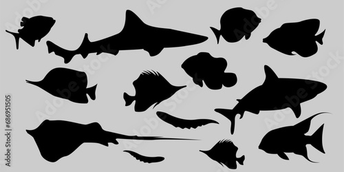 set of collections of black and white silhouettes of sea animals fish, sea life