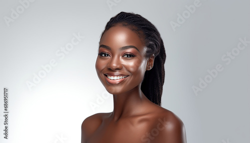 Portrait of a young smiling black woman. Skin care beauty, skincare cosmetics, dental concept, isolated over white background. 