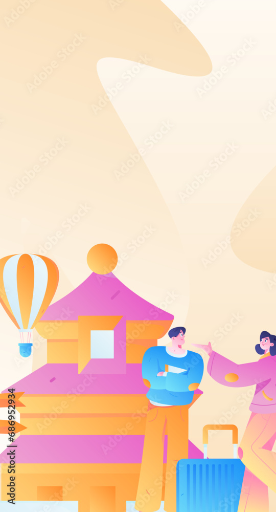 Obraz premium Holiday travel travel characters internet background vector hand drawn illustration 