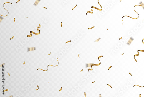 Confetti explosion on transparent background. Pieces of shiny gold paper flying and spreading. Transparent blur.  Vector illustration