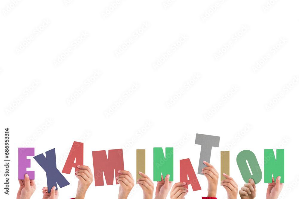 Digital png illustration of hands with examination text on transparent background Digital png illustration of hands with examination text on transparent background