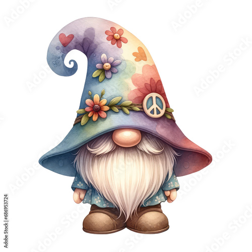watercolor hippie gnomes play guitar, musical clipart, summer gnomes illustration photo