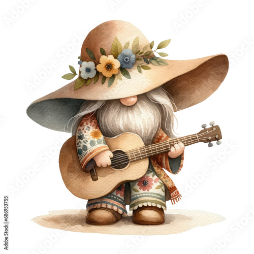 watercolor hippie gnomes play guitar, musical clipart, summer gnomes illustration