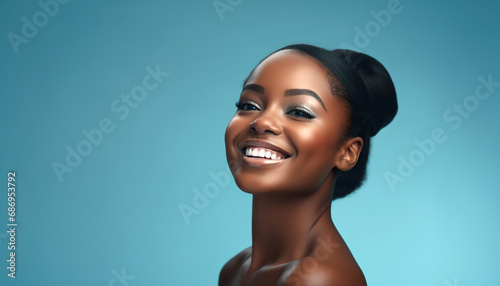 Portrait of a young smiling black woman. skin care beauty, skincare cosmetics, dental concept, isolated over blue background.