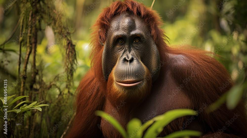 Male Orangutan in the Borneo forest , Generate Ai