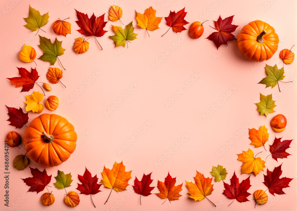 Autumn leaves and pumpkins on pastel background with copy space Autumn leaves and pumpkins on pastel background with copy space