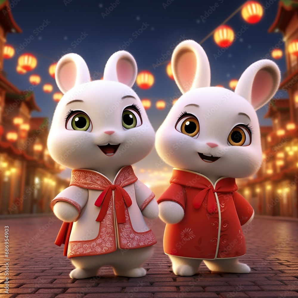 Fototapeta premium Flat illustration of cute rabbits celebrating new year eve