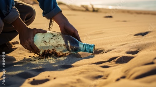 hand picking up bottle, cleaning on the beach