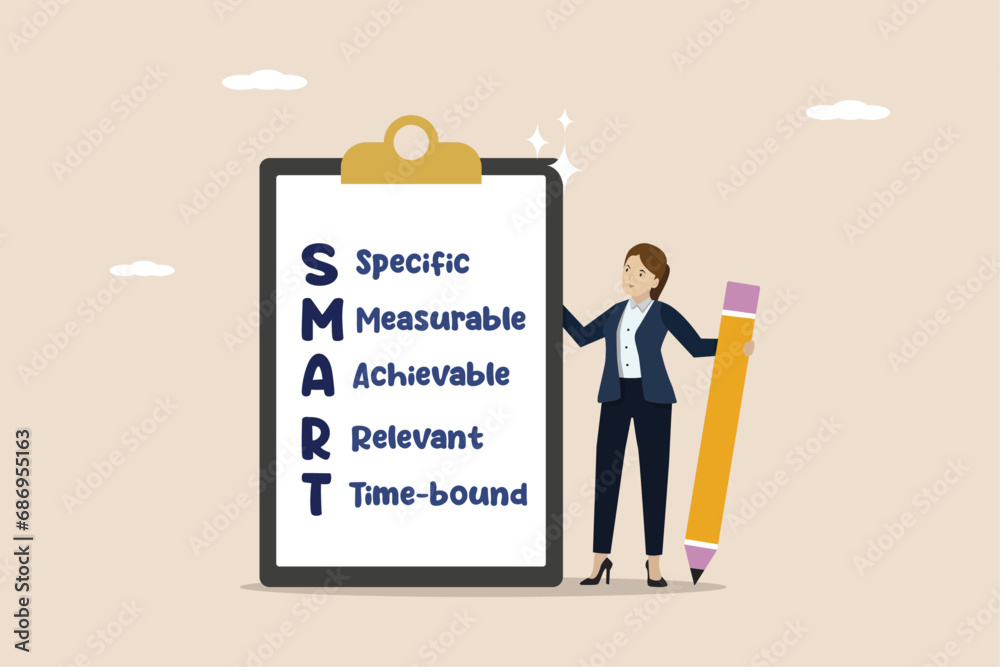 Setting SMART goals, acronym with specific, measurable, achievable, relevant and time, planning for realistic targets concept, businesswoman writing with note paper written business SMART goals. Setting SMART goals, acronym with specific, measurable, achievable, relevant and time, planning for realistic targets concept, businesswoman writing with note paper written business SMART goals.