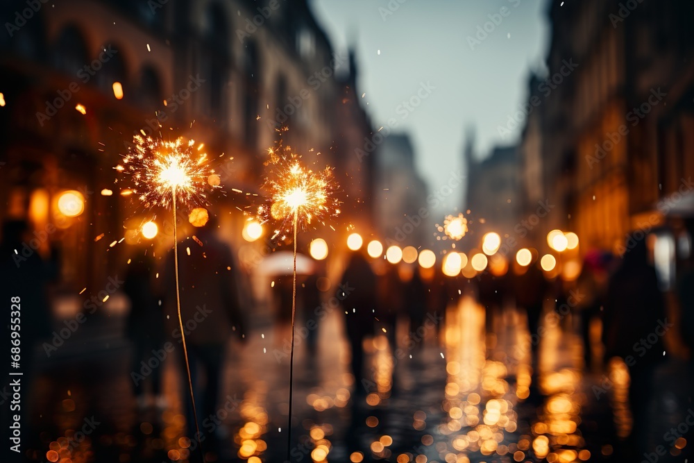 Obraz premium happy new year background illustration with fireworks and bokeh lights