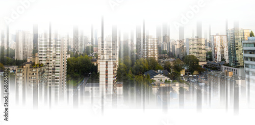 Digital png photo of cityscape with trees and buildings on transparent background
