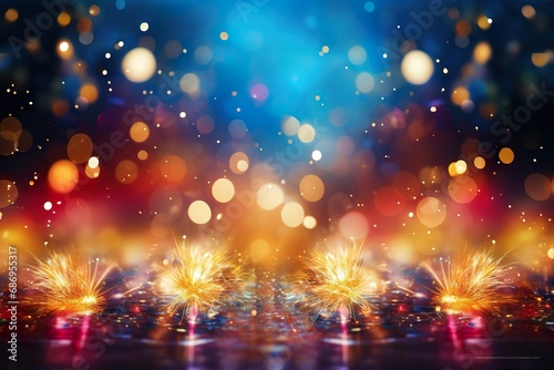 happy new year background illustration with fireworks and bokeh lights