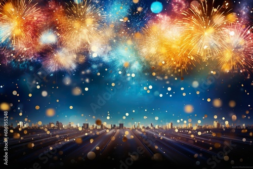 happy new year background illustration with fireworks and bokeh lights