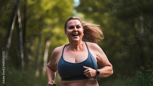 front view, close up a cheerful mid-aged plump woman is jogging in the park trail in a sunny day. 