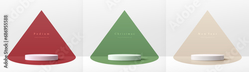 Set of white realistic 3d cylinder pedestal podium with red, green, cream in triangle backdrop. Christmas and new year scene. Abstract vector rendering geometric platform. Product display presentation