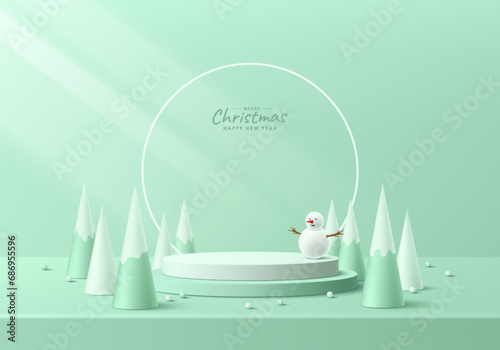 3D christmas podium background. Green cylinder podium with beads, snowman and modern christmas tree scene. Platform mockup product display presentation. Abstract composition minimal. Stage showcase.