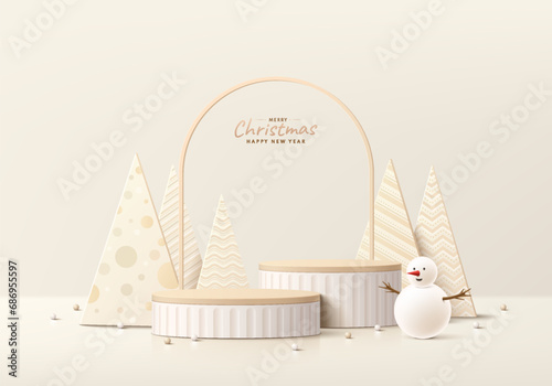 Abstract realistic 3D brown, gold cylinder podium with Luxury christmas tree, Snowman and beads ball. Merry christmas happy new year background product display presentation. Vector rendering platform.
