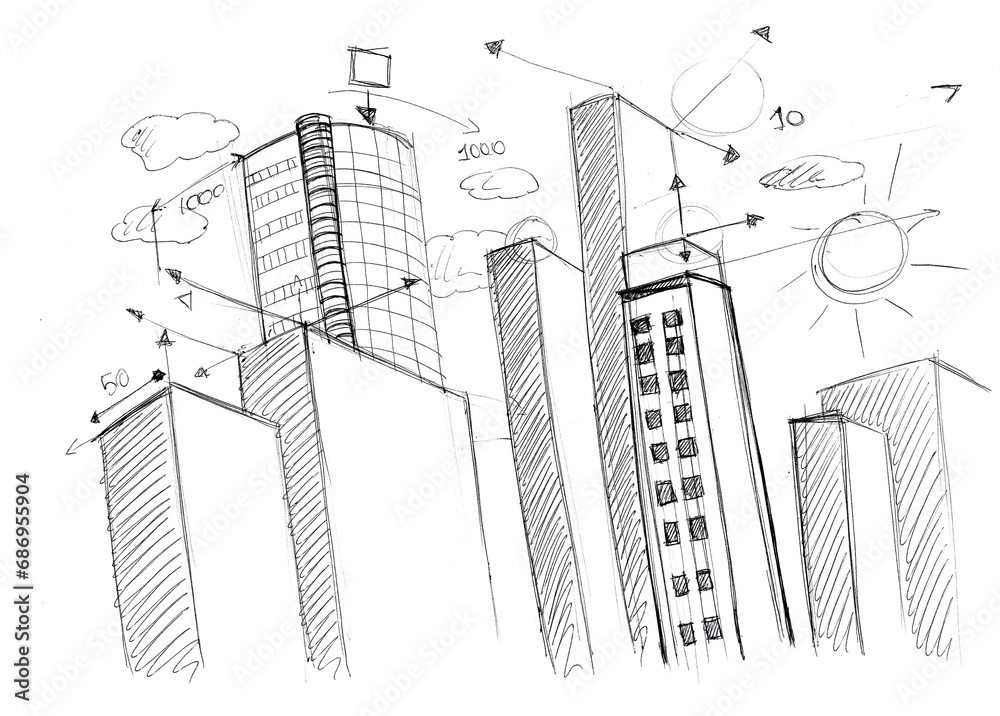 Digital png illustration of sketches of buildings on transparent background