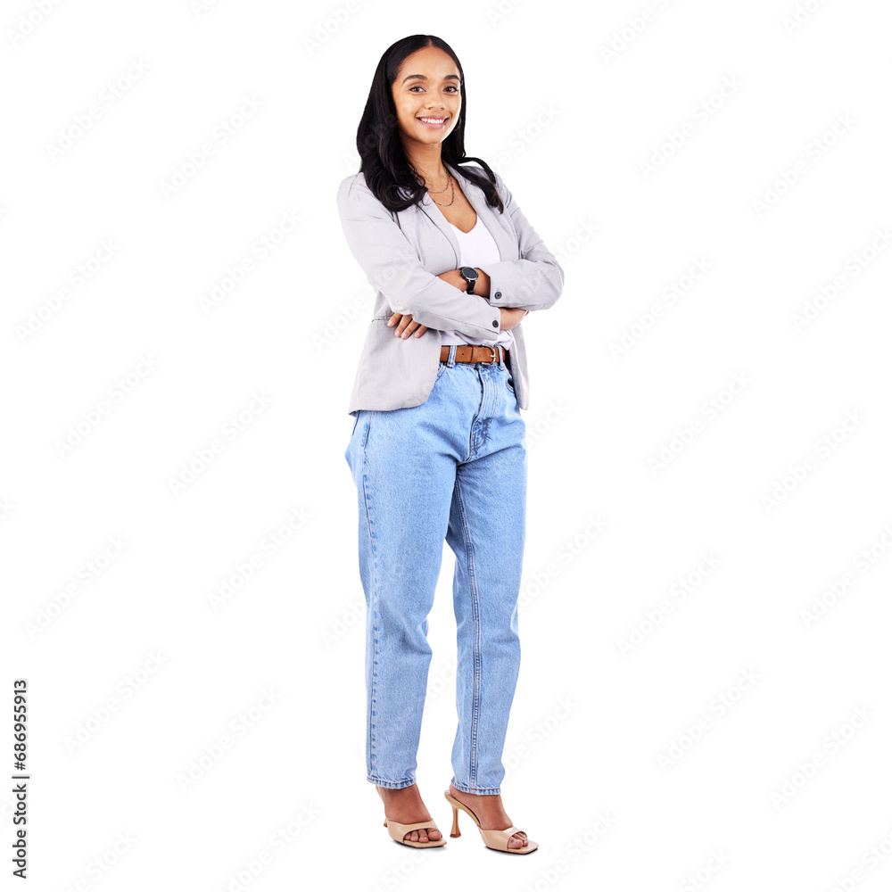 Portrait, woman and confident for fashion, business, or casual with arms crossed. Female entrepreneur, startup and happy face on isolated or transparent png background for design, occupation or job Portrait, woman and confident for fashion, business, or casual with arms crossed. Female entrepreneur, startup and happy face on isolated or transparent png background for design, occupation or job
