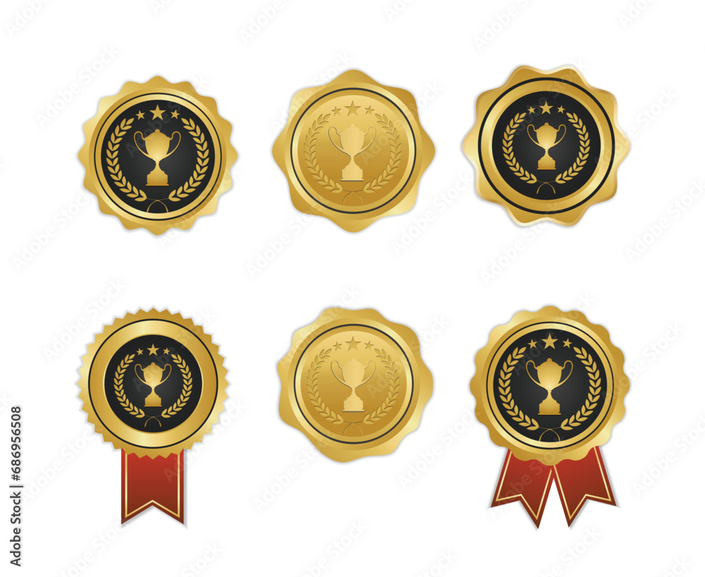 Set Premium Quality Gold Medal Badge. Label Seal Brand Award Design Isolated on White Background. Set Premium Quality Gold Medal Badge. Label Seal Brand Award Design Isolated on White Background.