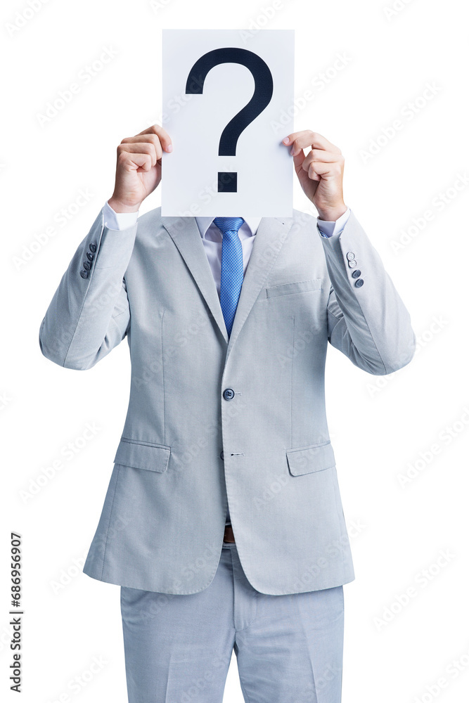 Businessman, hidden identity and man with question mark, alone and isolated on transparent png background. Worker, corporate accountant in formal suit and human resources candidate in workplace Businessman, hidden identity and man with question mark, alone and isolated on transparent png background. Worker, corporate accountant in formal suit and human resources candidate in workplace