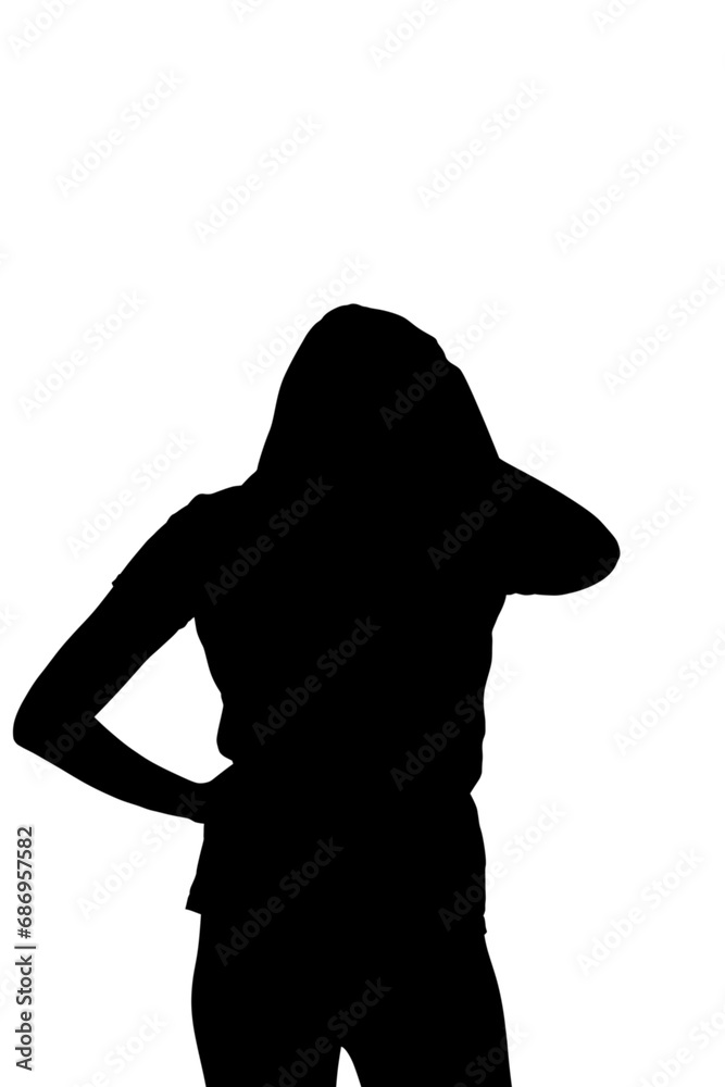 Digital png illustration of silhouette of sportswoman holding her head on transparent background