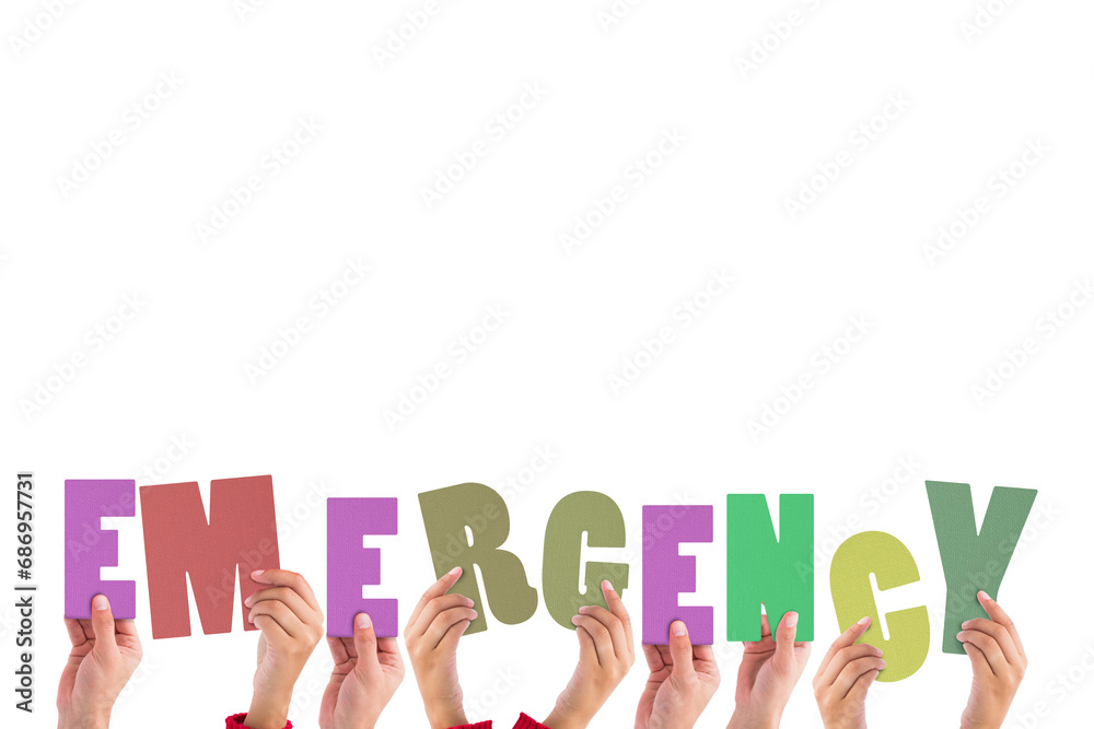 Digital png illustration of hands with emergency text on transparent background Digital png illustration of hands with emergency text on transparent background