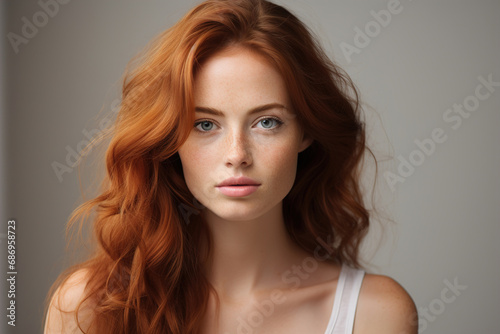 Portrait of a woman emotion calmness, mood. Beautiful Caucasian redhead young woman looking at camera indoors